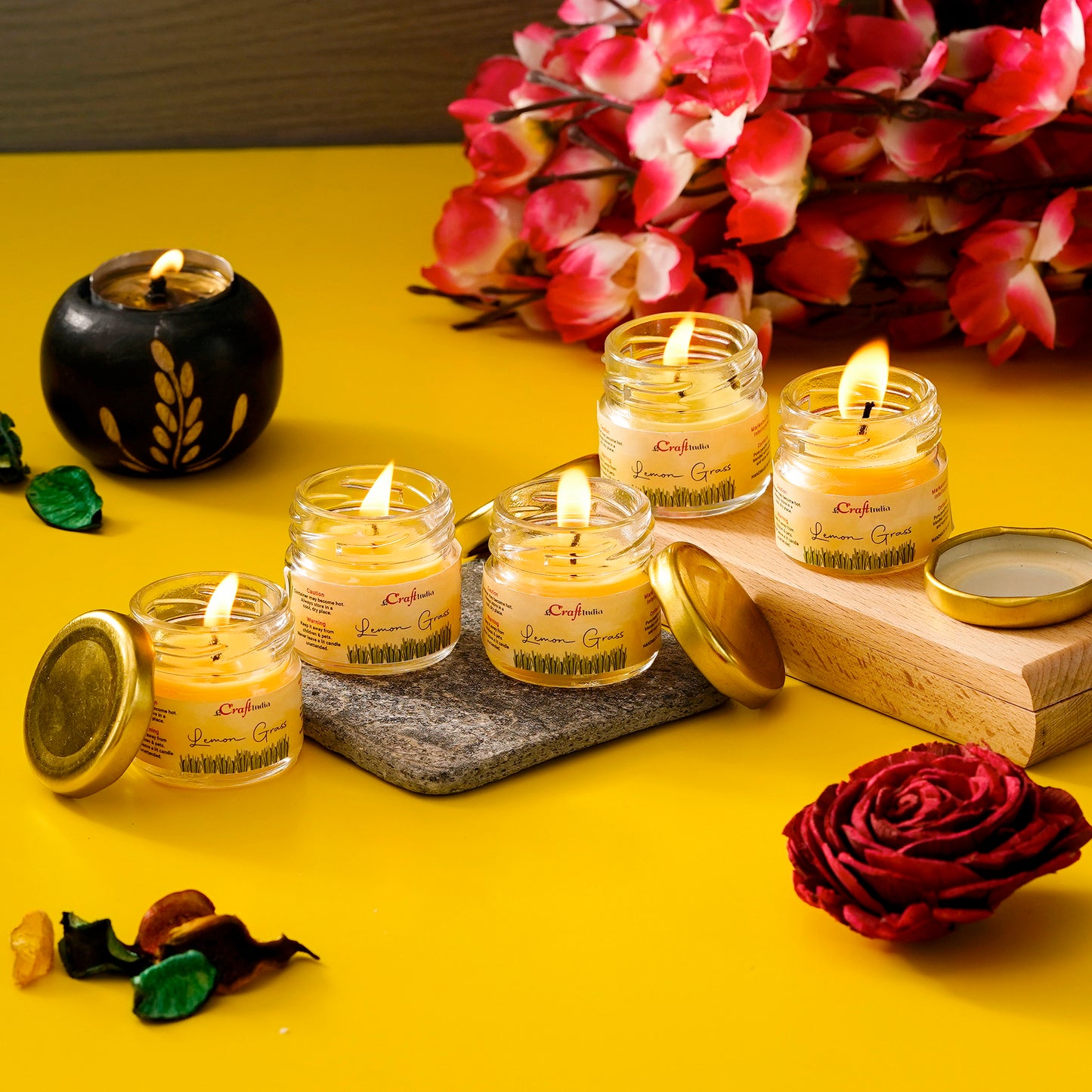E-CraftIndia Set of 5 Lemon Grass Scented Minijar Candle